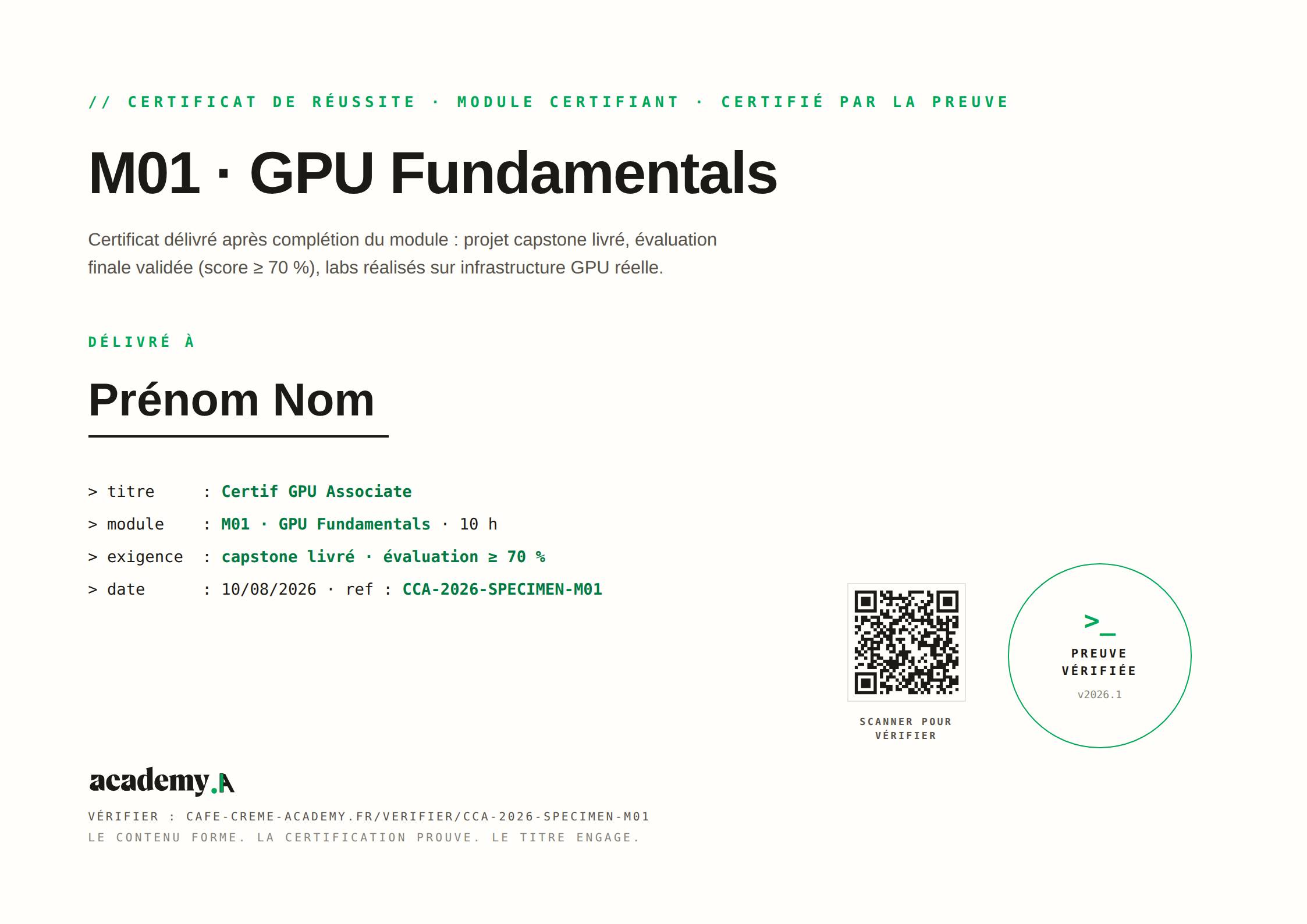 Certificat CCA-2026-SPECIMEN-M01 · M01 · GPU Fundamentals