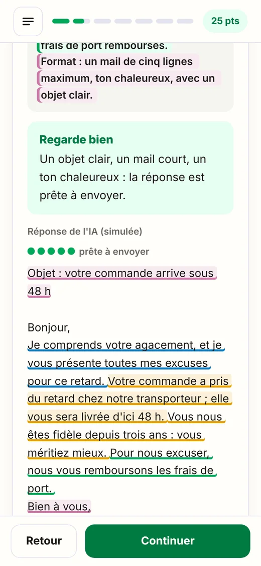 Un exercice du cours : la réponse de l'IA, simulée, avec les ingrédients de la demande surlignés.